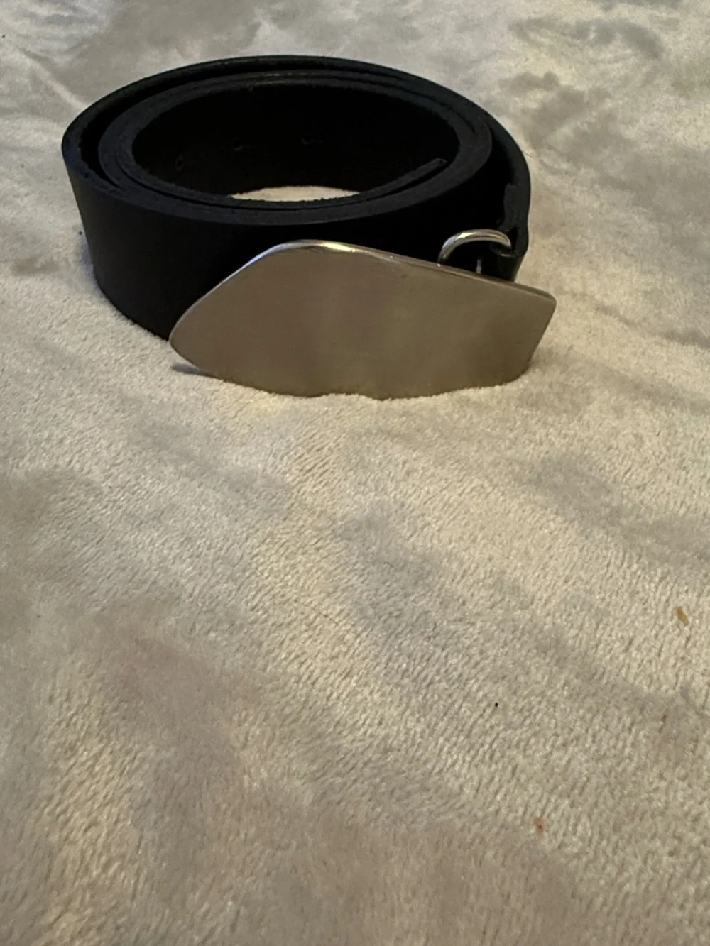 Black Leather Belt with Abstract Brushed Silver Buckle Length 40